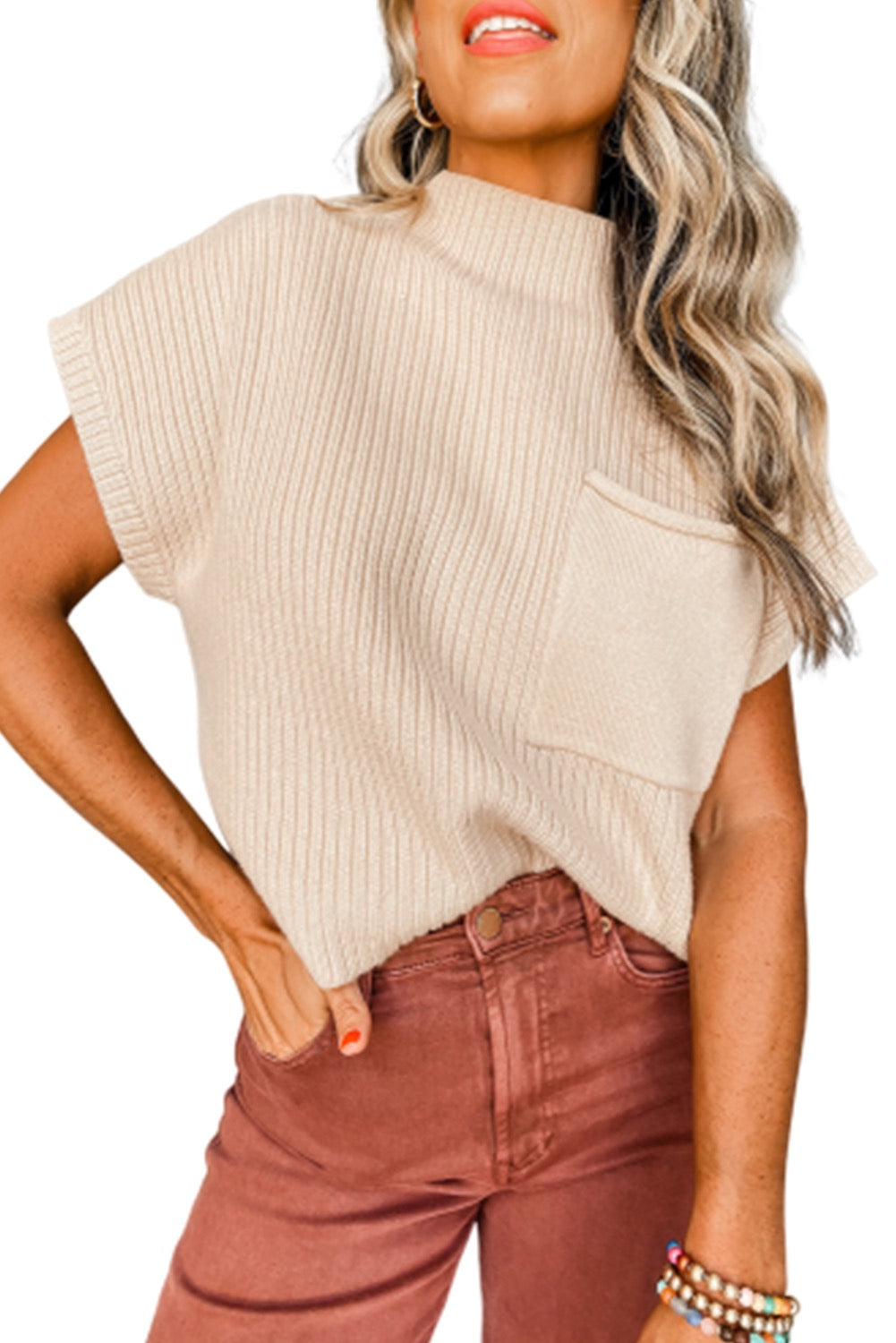 Knitted pocket short sleeve sweater