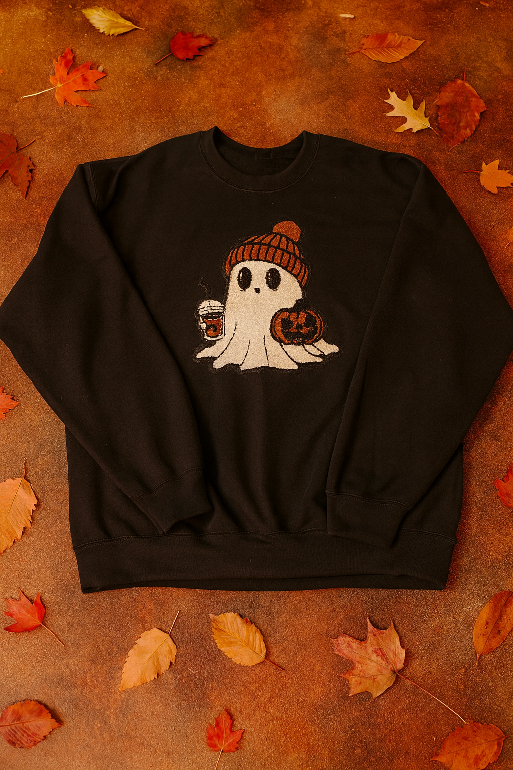 Ghost & Pumpkin Spice Latte Chenille Patch Crewneck Sweater