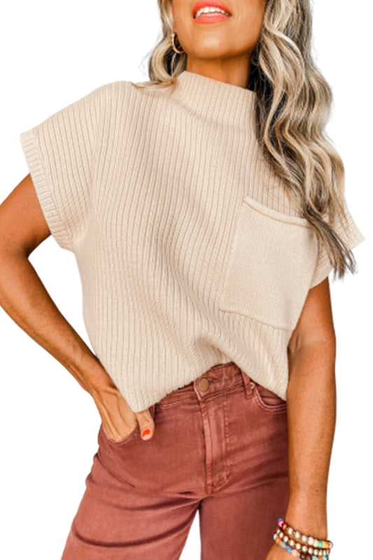 Knitted pocket short sleeve sweater