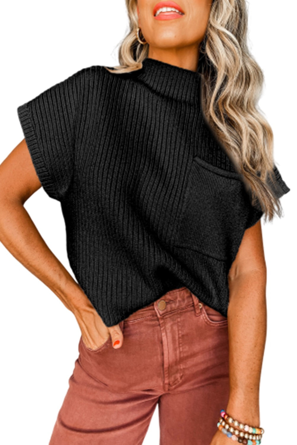 Black knitted pocket short sleeve sweater